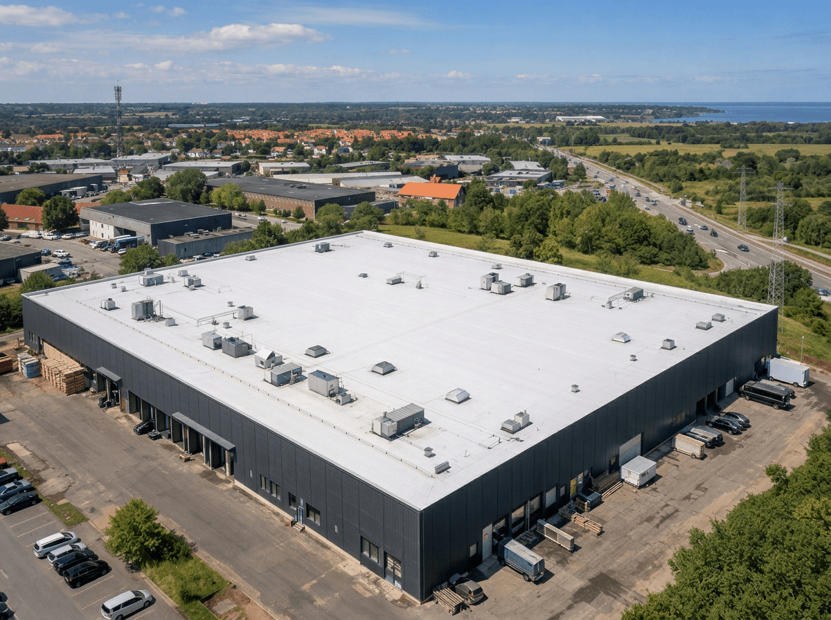 Erhvervsbygning med hvid tagmembran set fra luften